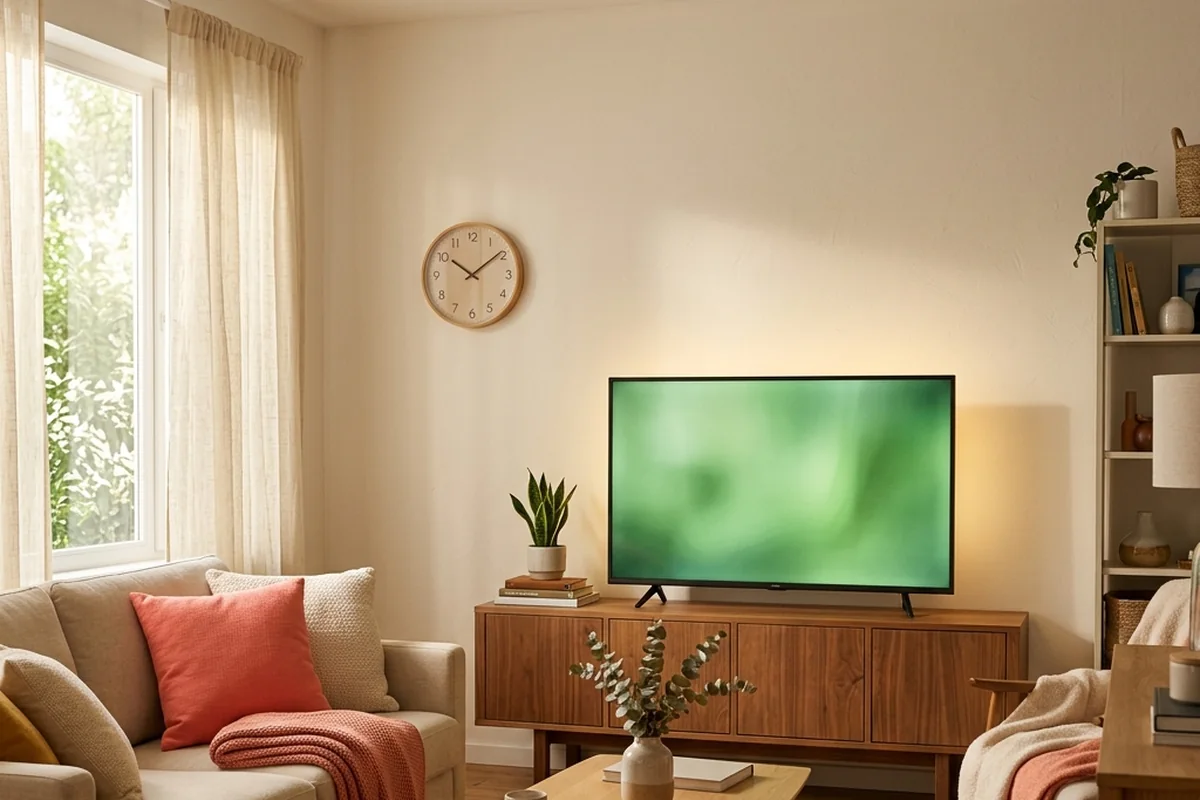 Sala com televisão ligada, relógio de parede e sofá com manta coral.
