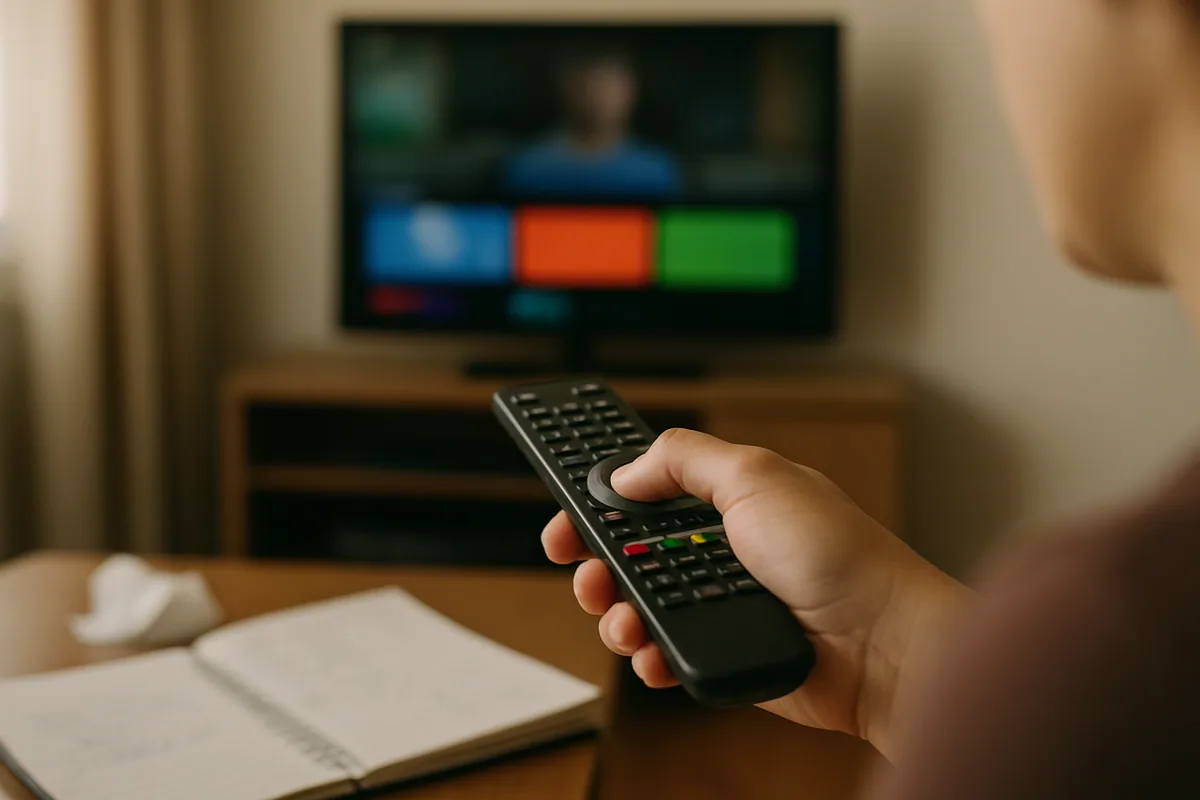 Controle apontado para a TV com o dedo sobre o botão de confirmar.