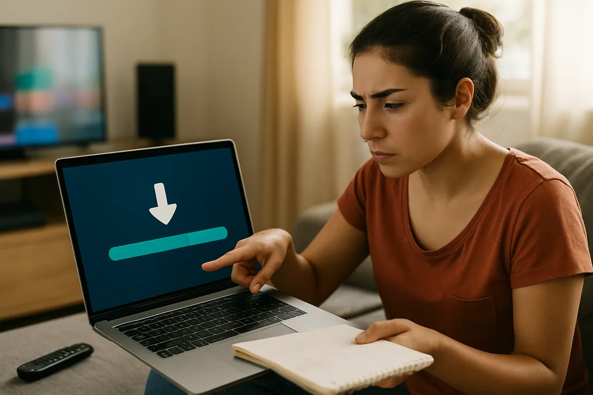Tela com barra de download quase completa e ícone de seta para baixo.