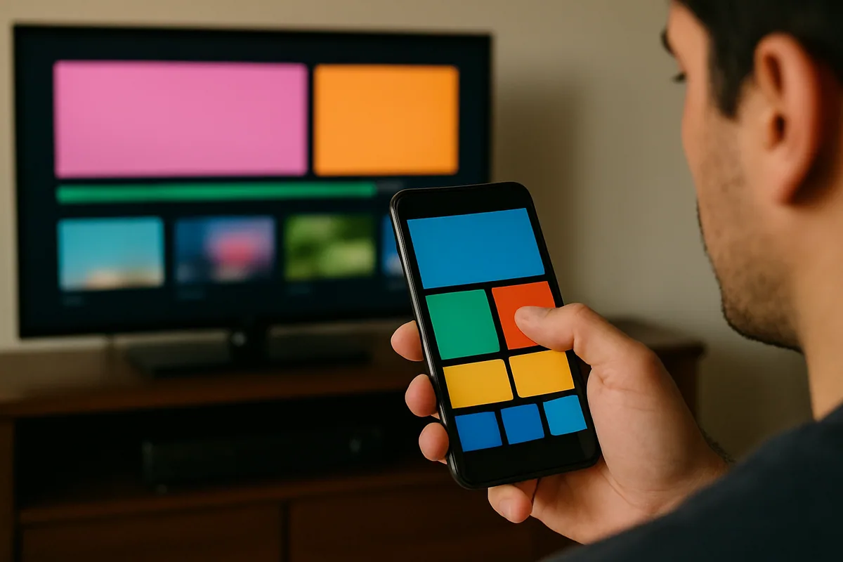 Close num celular e numa TV lado a lado, ambos mostrando blocos de interface sem texto.