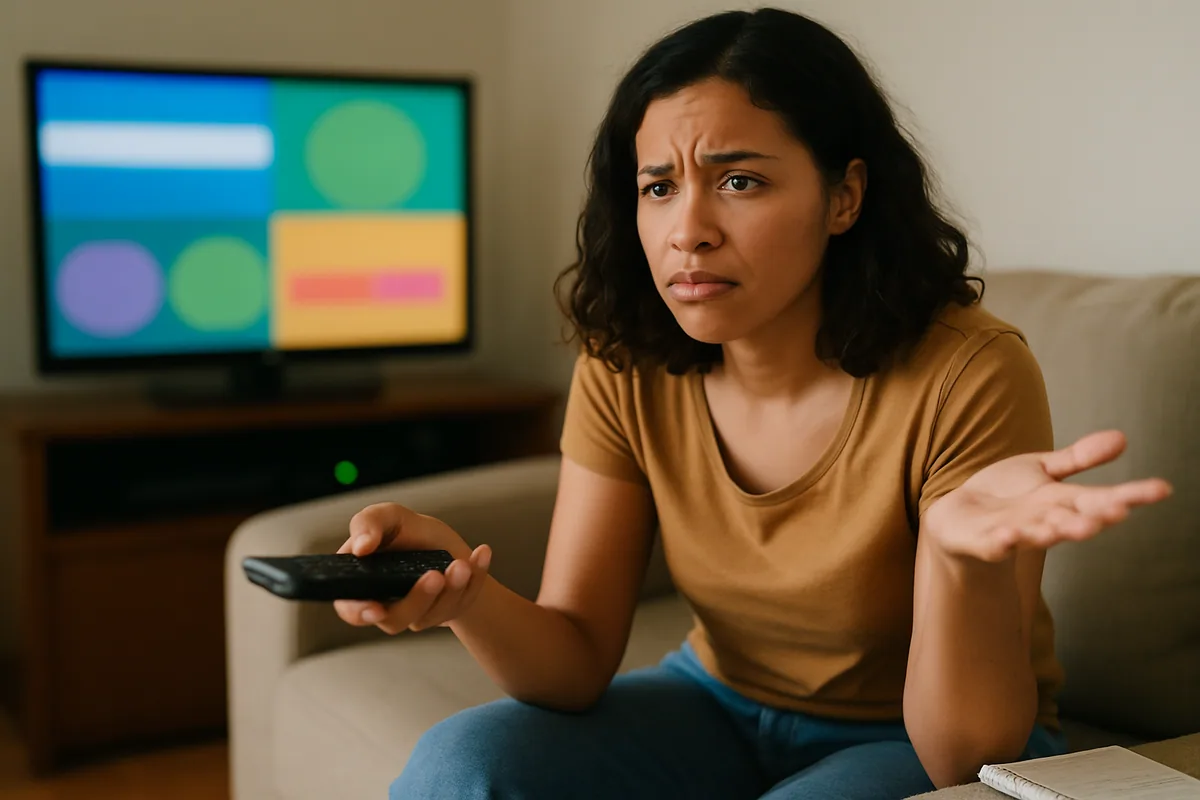 Pessoa sentada no sofá com o controle na mão e expressão de dúvida, TV acesa ao fundo.