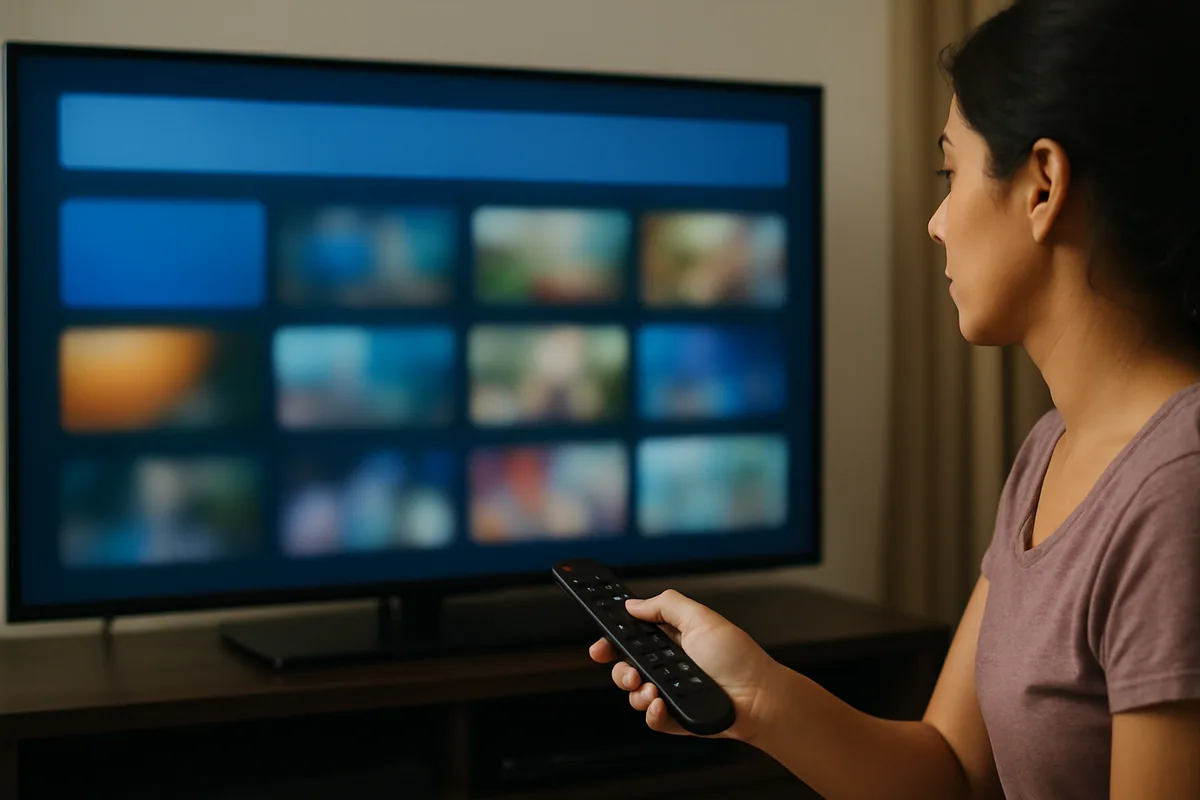 Tela de TV mostrando fileiras de miniaturas com um cabeçalho de destaque no topo.