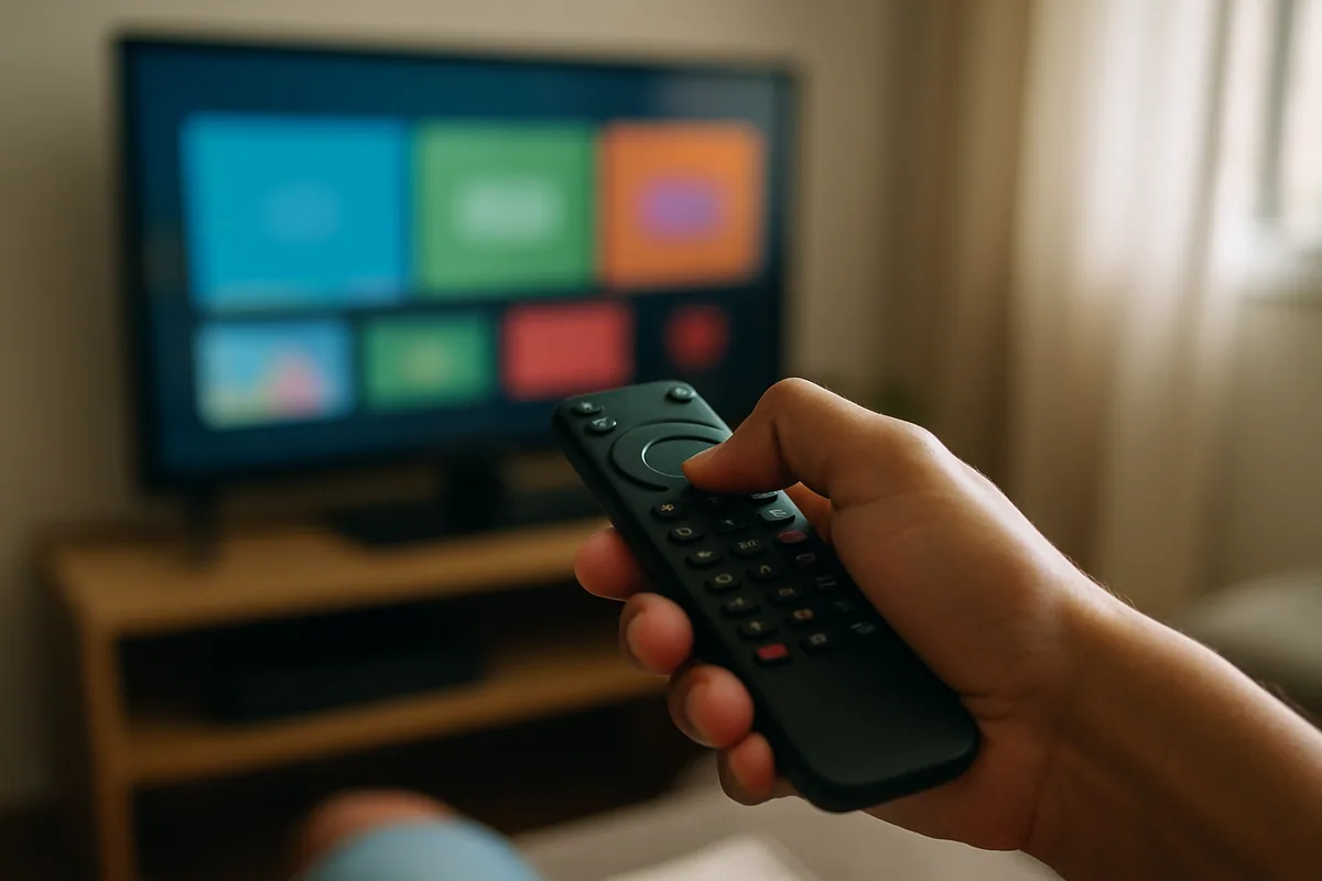 Controle remoto apontado para a TV, polegar sobre o direcional circular.