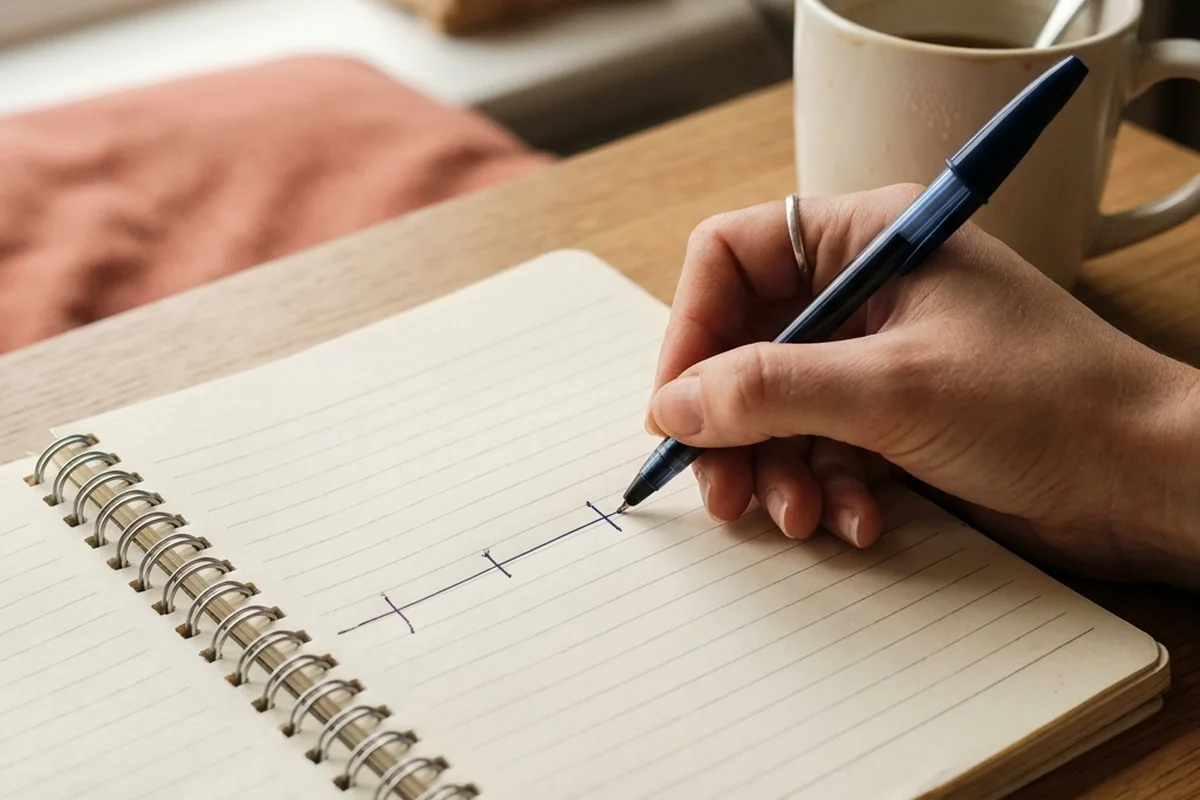 Mão desenhando uma linha do tempo com marcas em um caderno.