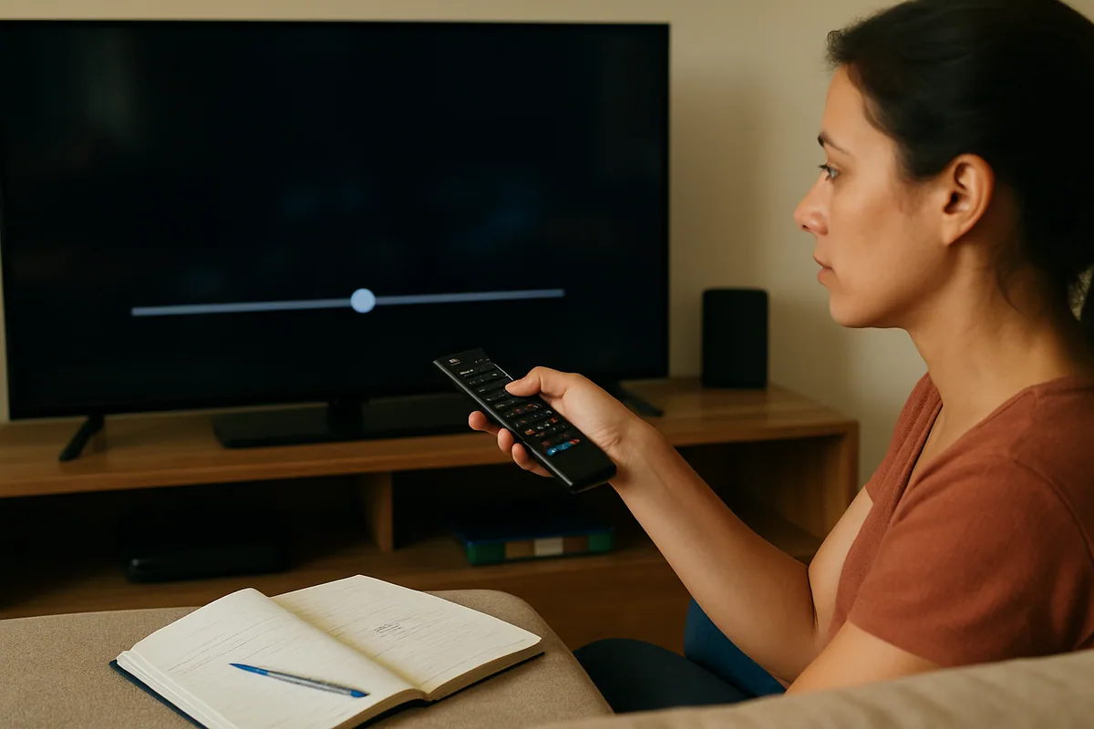 Televisão exibindo uma barra de reprodução com marcador no meio, sobre uma imagem escura.
