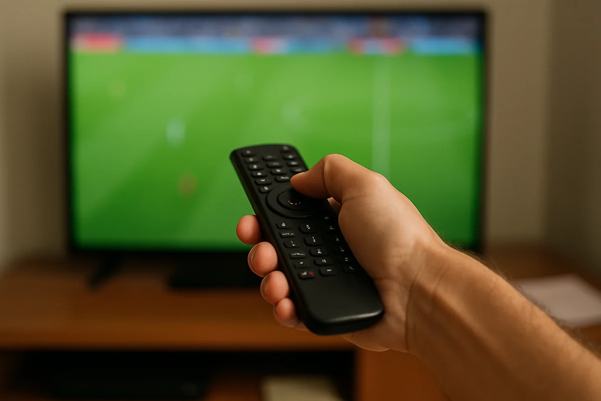 Close numa mão segurando o controle apontado, com a TV desfocada mostrando verde de campo.
