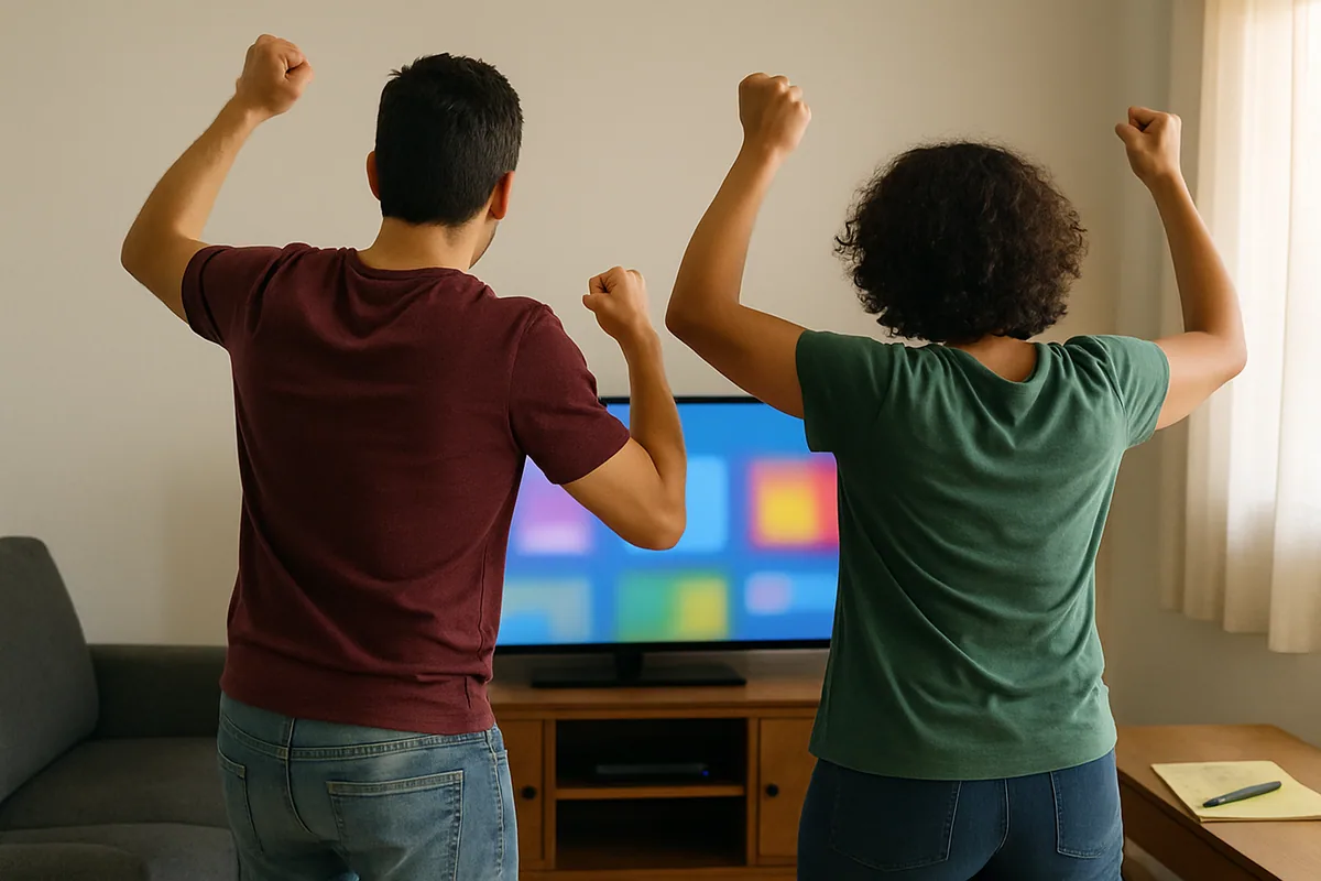 Sala com duas pessoas de pé comemorando de costas para a câmera, diante da televisão acesa.
