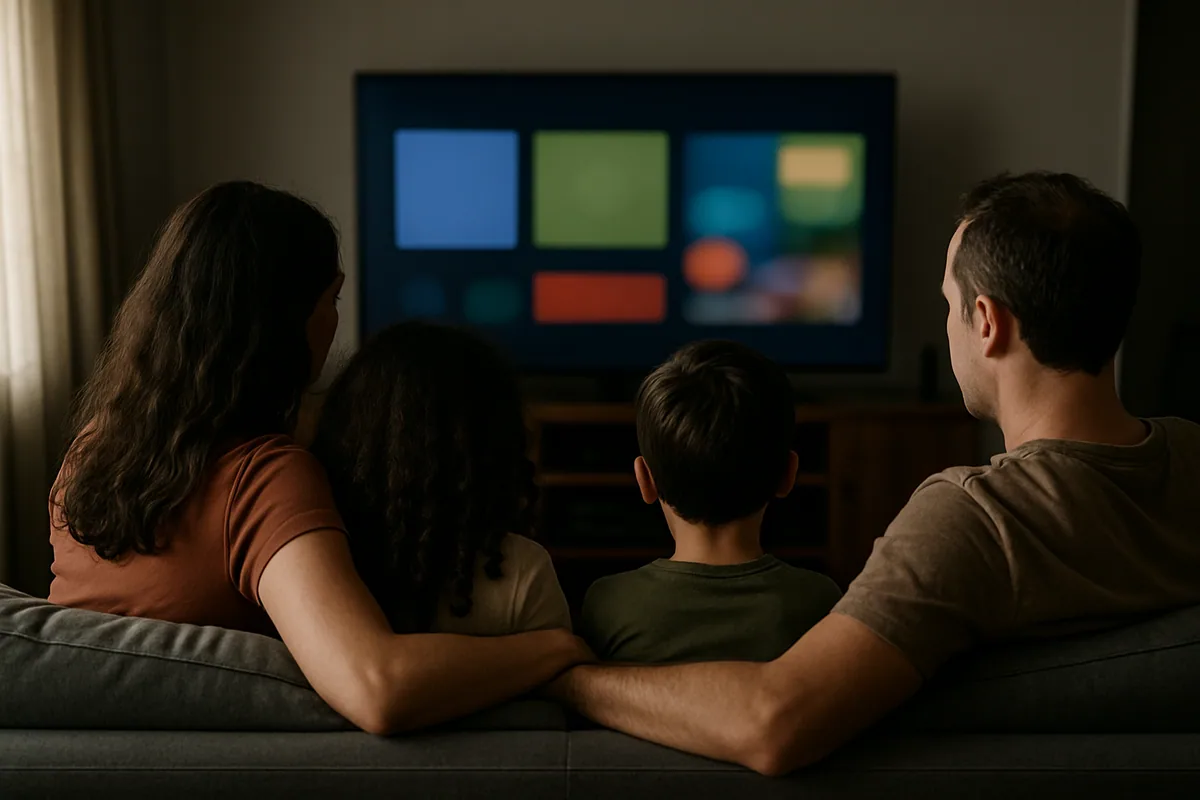 Sala escurecida com a família no sofá de costas, assistindo à televisão acesa.