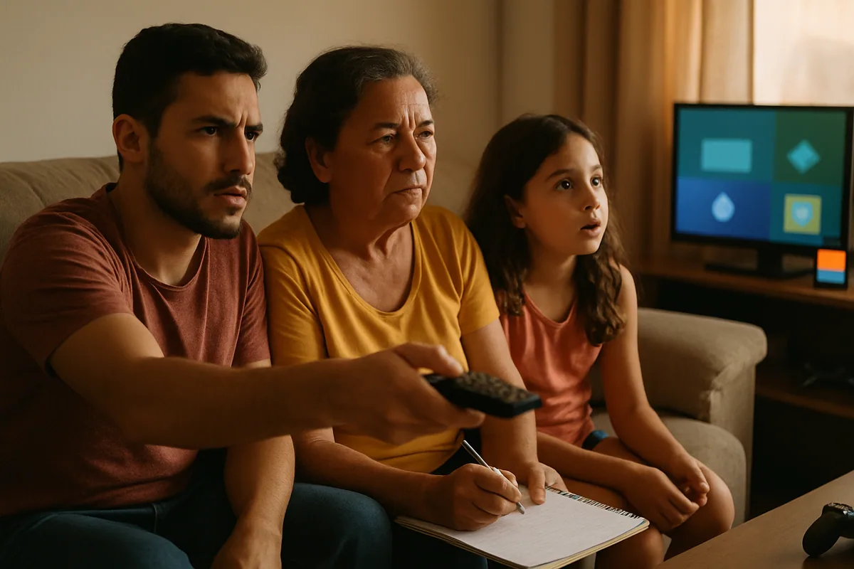 Sala com pessoas de idades diferentes assistindo juntas, luz de fim de tarde.