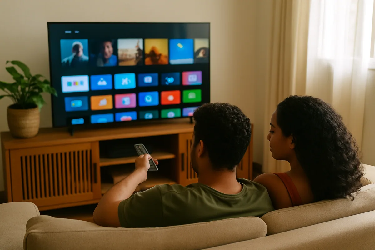 Casal no sofá conferindo juntos a tela da TV que mostra uma grade de aplicativos em blocos.
