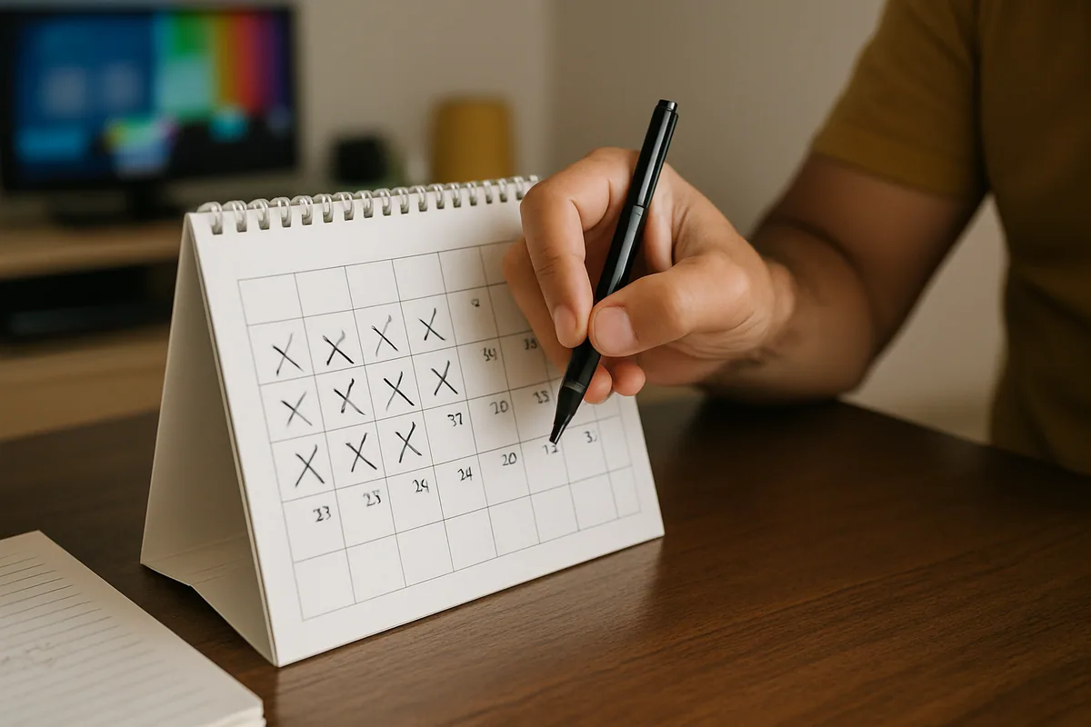 Calendário mensal de mesa com dois dias de cada semana marcados a caneta.