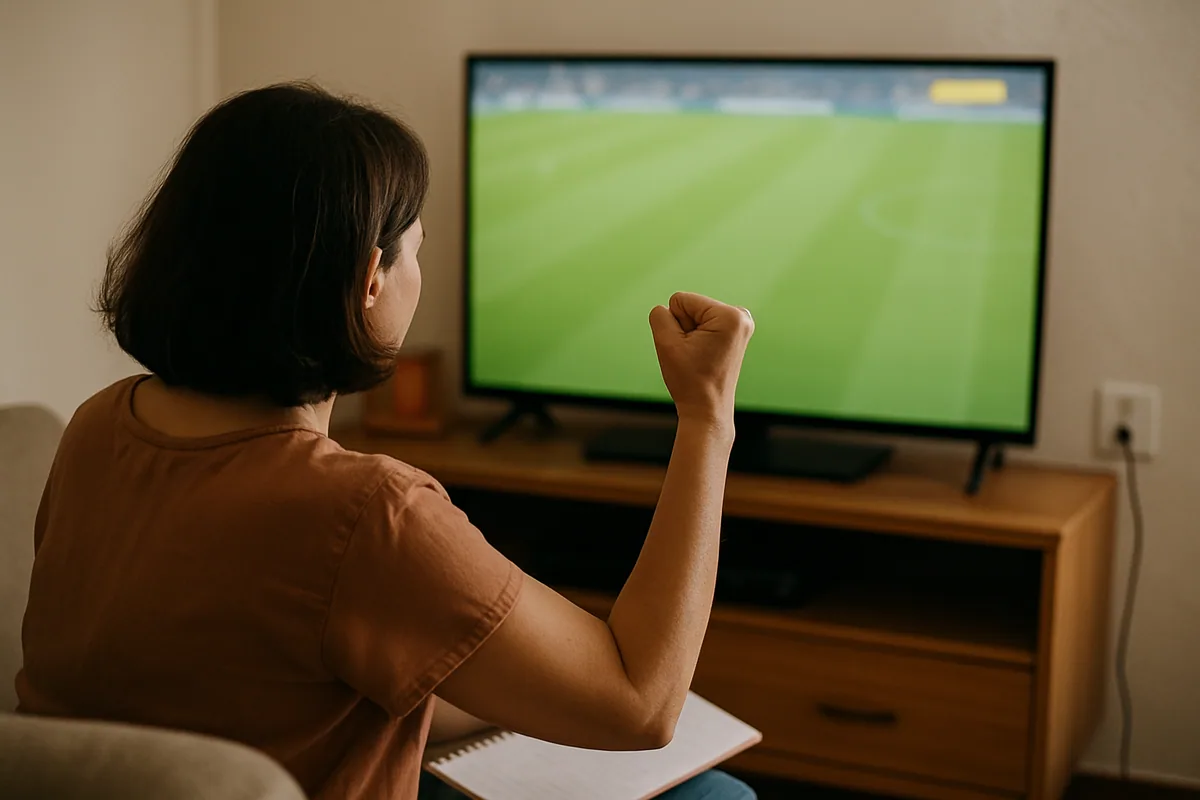 Televisão numa sala simples mostrando um campo verde em plano aberto.