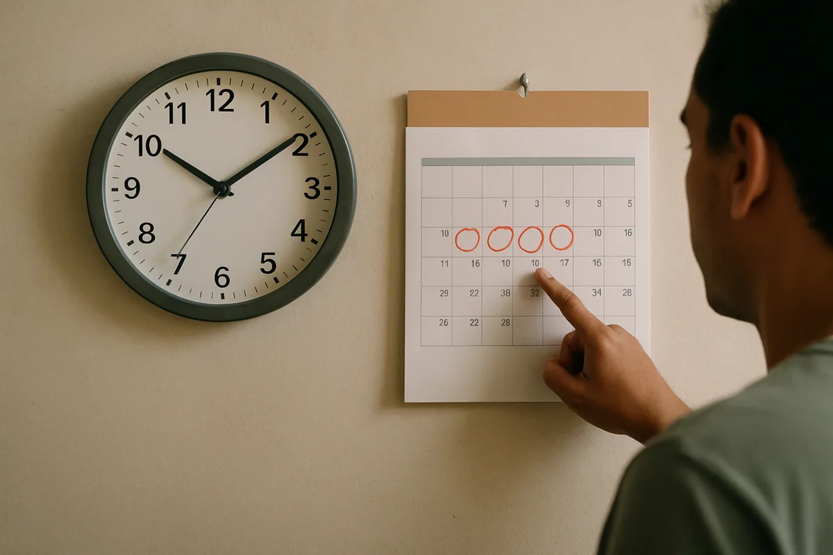 Relógio de parede marcando meio da tarde ao lado de um calendário com dias circulados — o fuso horário é o assunto.