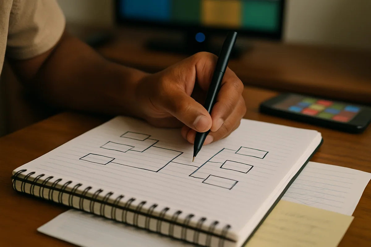Close num caderno com uma chave eliminatória desenhada à mão, caixas vazias ligadas por linhas.