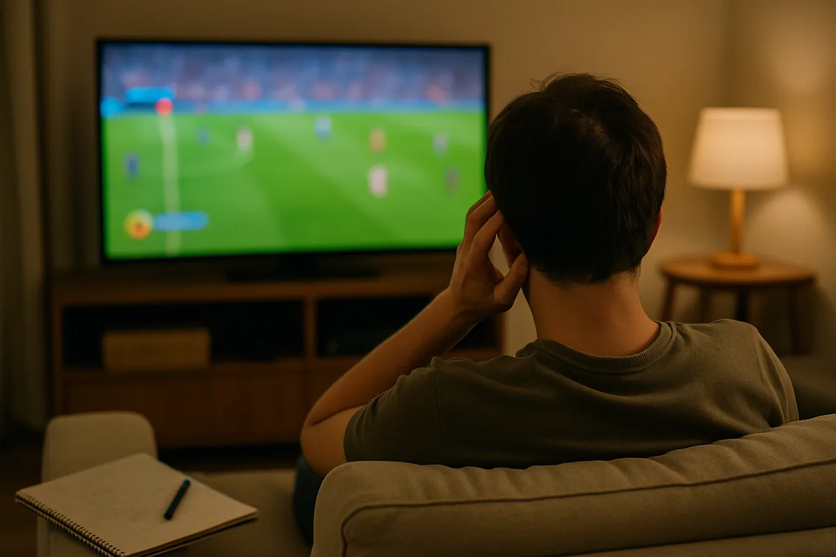 Sala à noite com a televisão acesa exibindo um campo verde e o sofá ocupado de costas.