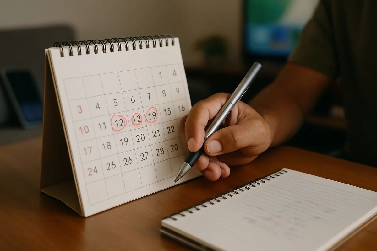 Calendário de mesa com dias marcados e uma caneta apoiada em cima.