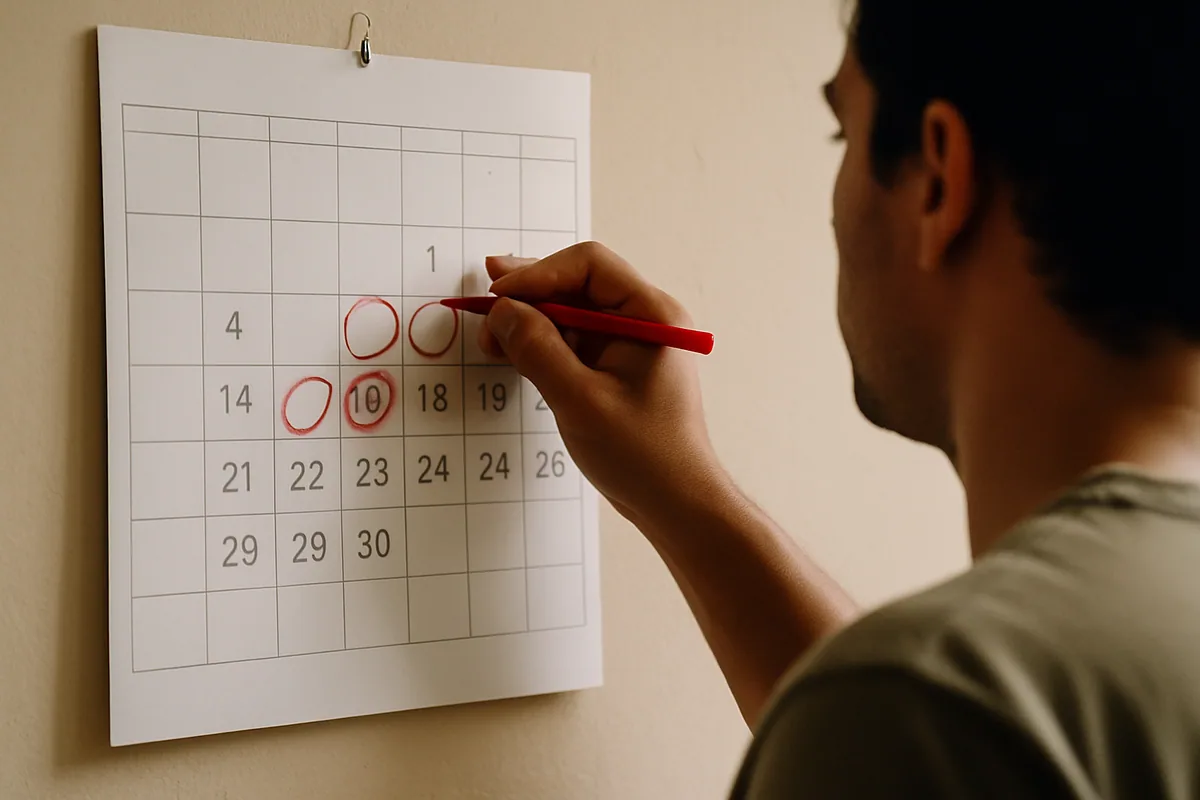 Calendário de parede com quatro dias do mês circulados a caneta vermelha.