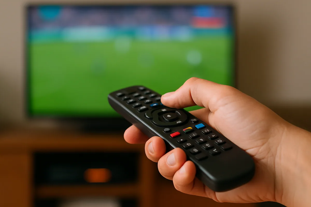 Close num controle remoto na mão de alguém, com a TV desfocada ao fundo exibindo verde de campo.