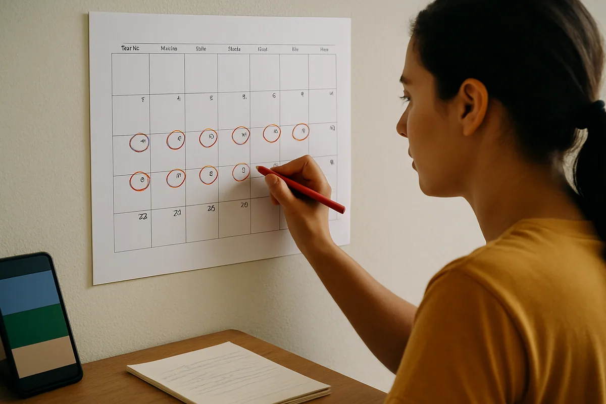 Calendário de parede com dias circulados formando um padrão de duas vezes por semana.