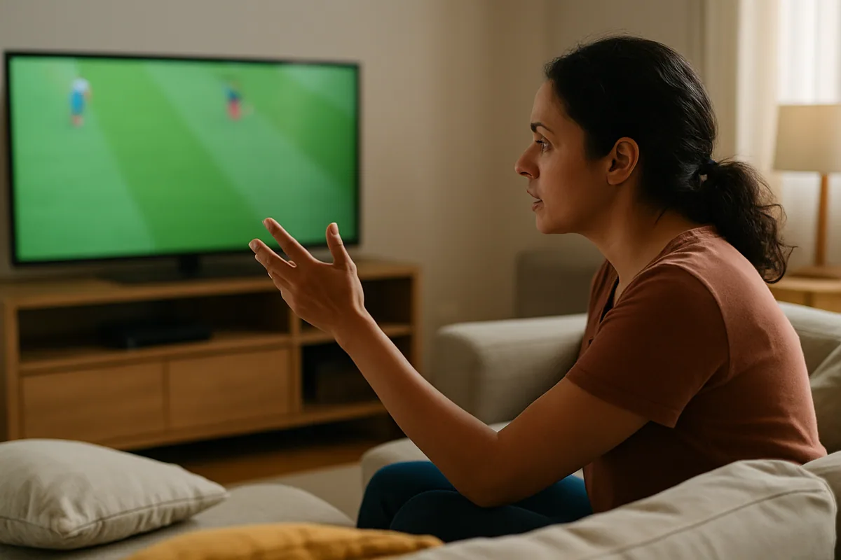 Sala de estar com a TV acesa mostrando um campo verde, almofadas amassadas no sofá.