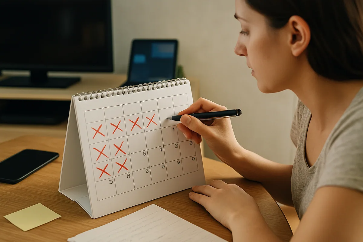 Calendário de mesa com uma sequência de dias marcados em semanas alternadas.