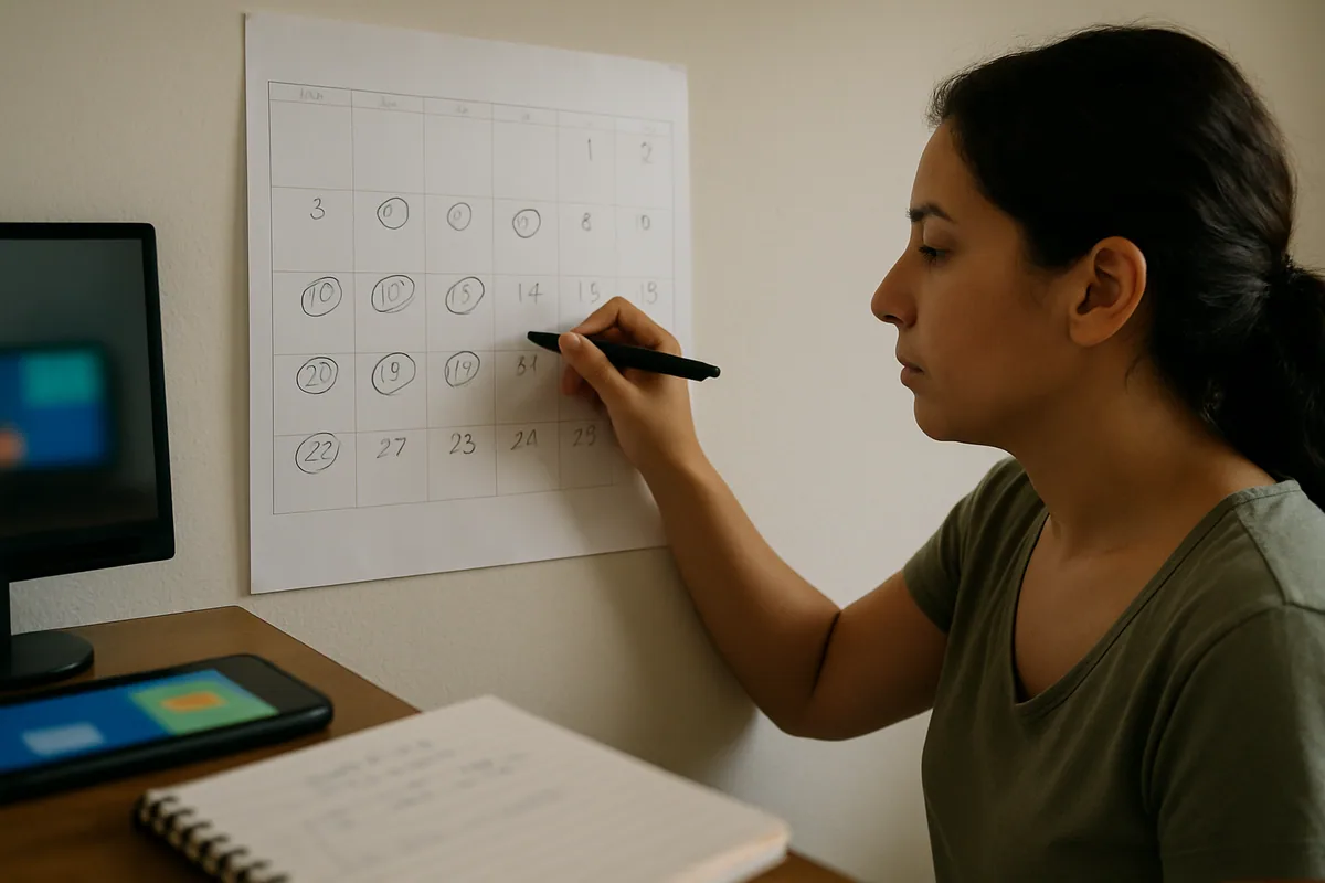 Calendário de parede com vários dias marcados por círculos a caneta, sem texto legível.