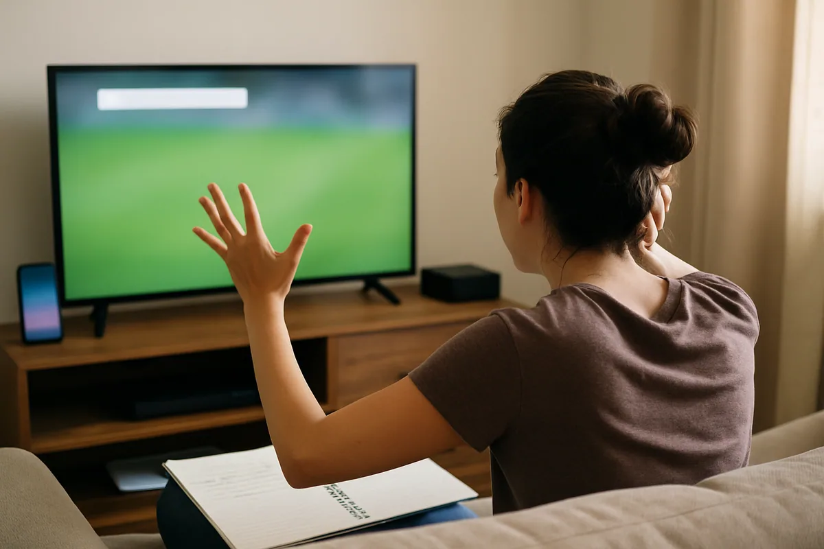 Sala de estar com a TV acesa mostrando um gramado verde e uma faixa de placar em branco no topo.