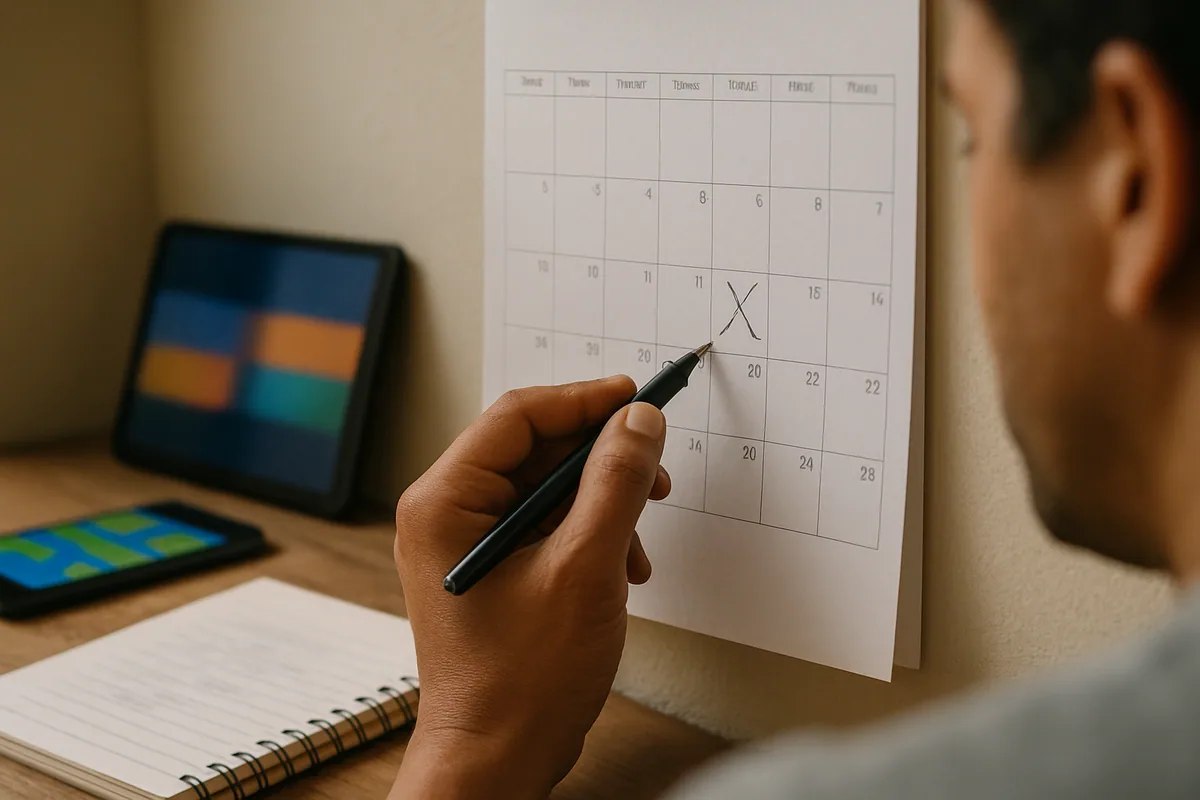 Close numa mão marcando um dia num calendário de parede com caneta.