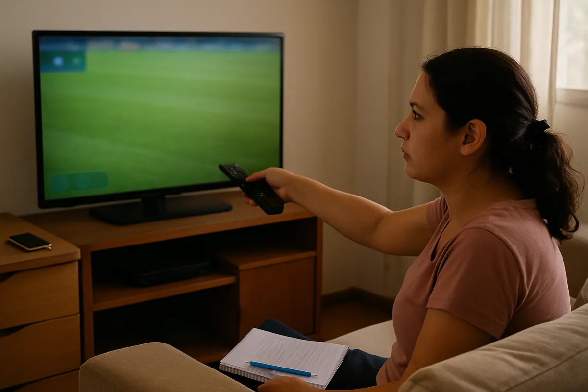 Televisão acesa numa sala simples exibindo um gramado em plano aberto.