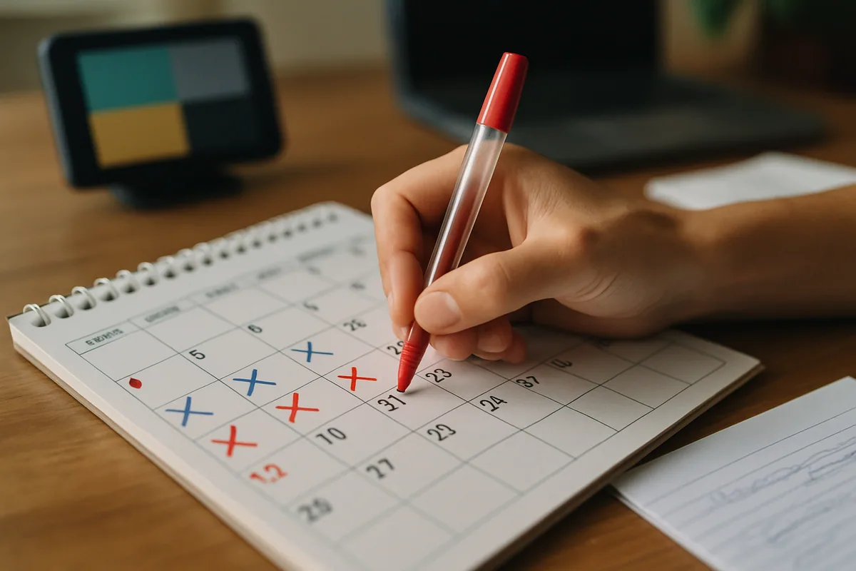 Calendário mensal com dias marcados em duas cores diferentes de caneta.