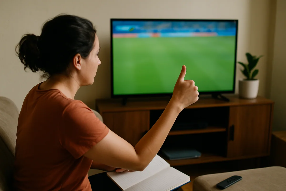 Televisão numa sala modesta exibindo um campo verde em plano aberto.
