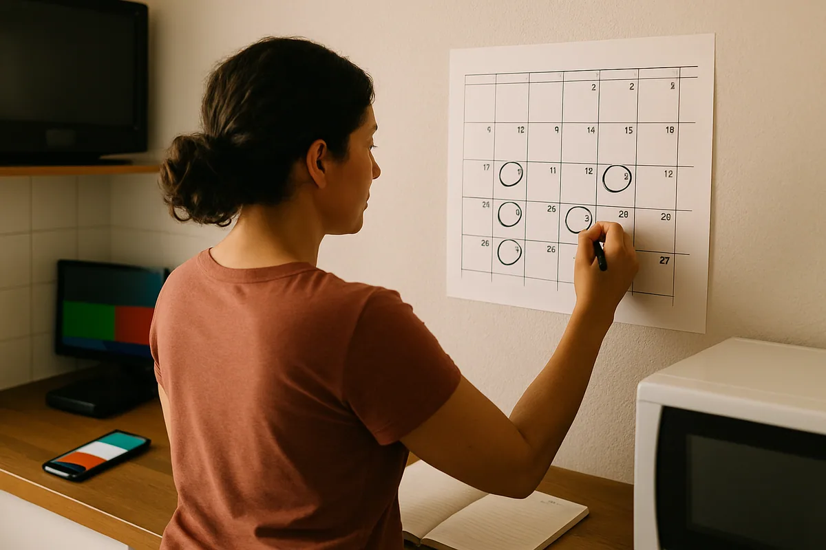 Calendário mensal com dias circulados em semanas alternadas, na parede da cozinha.