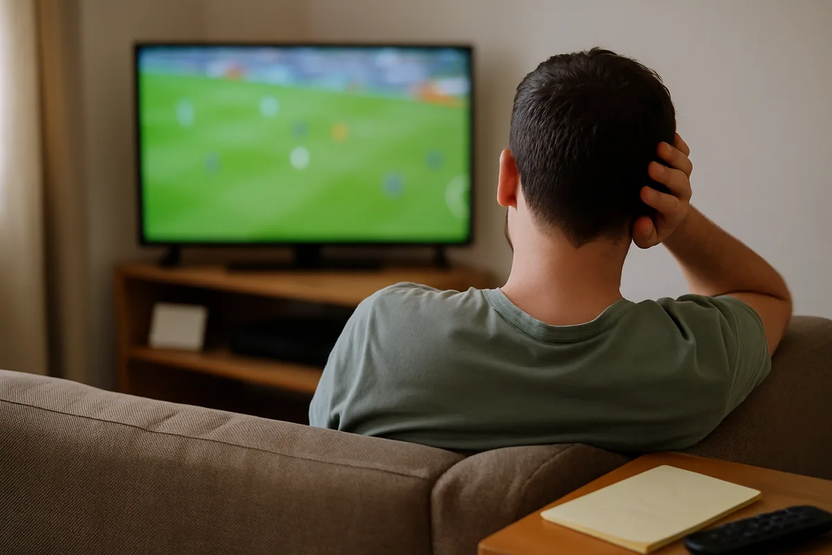 Sala com a televisão acesa exibindo verde de campo e o sofá ocupado de costas.