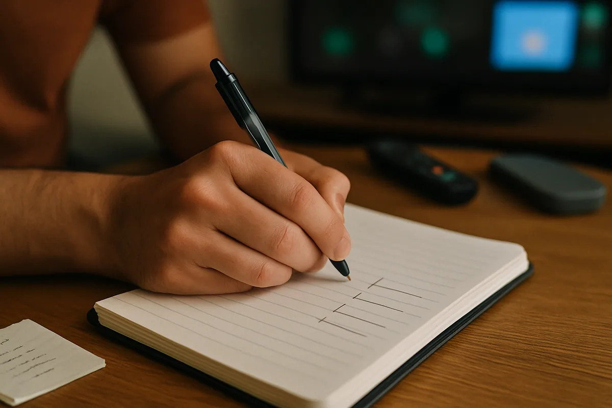 Close num caderno com quatro datas anotadas uma embaixo da outra e um traço ao lado de cada, registro de tentativas.