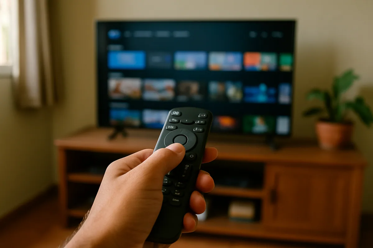Close num controle apontado para a TV, dedo sobre o direcional.