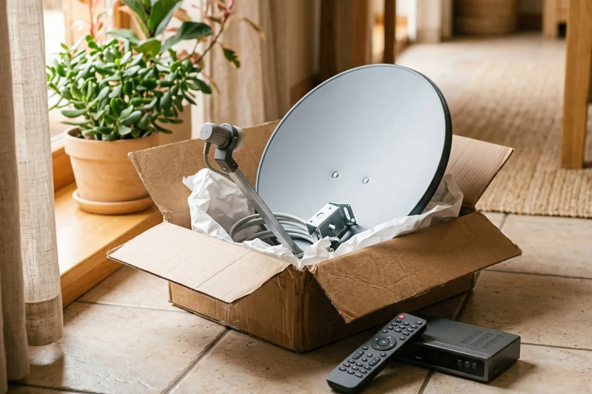 Antena parabólica pequena em uma caixa, com receptor e controle ao lado.