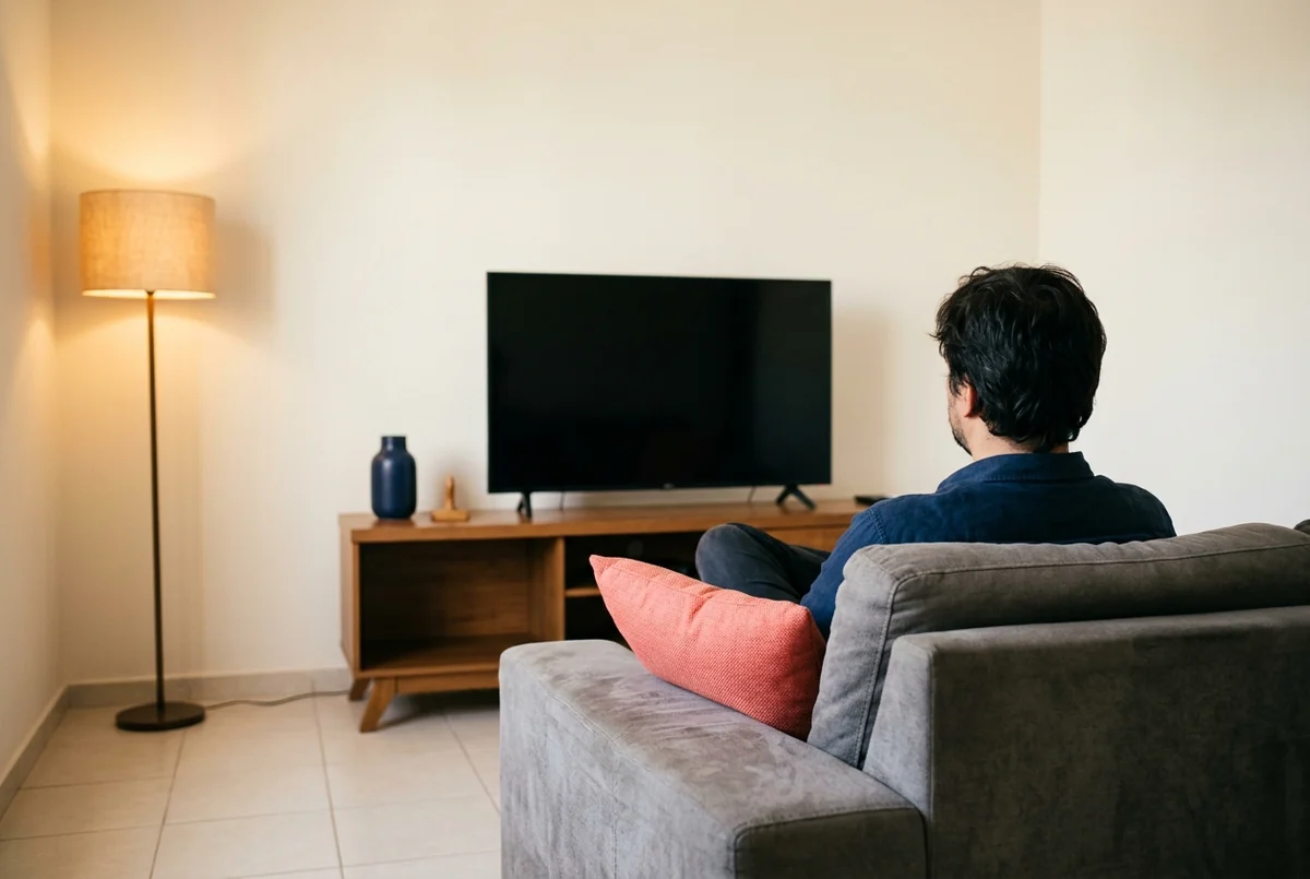 Homem de costas no sofá cinza com almofada coral diante de TV desligada e luminária de chão