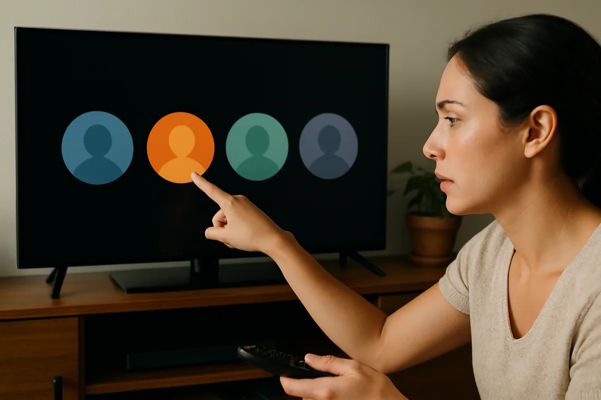 Close numa tela de TV mostrando quatro círculos de perfil lado a lado, um deles destacado.