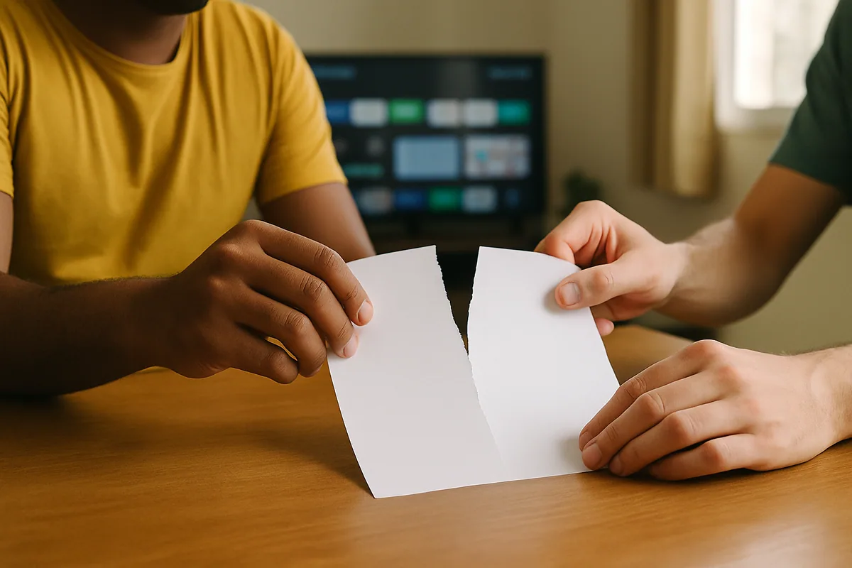 Duas mãos dividindo simbolicamente uma folha de papel ao meio sobre a mesa.