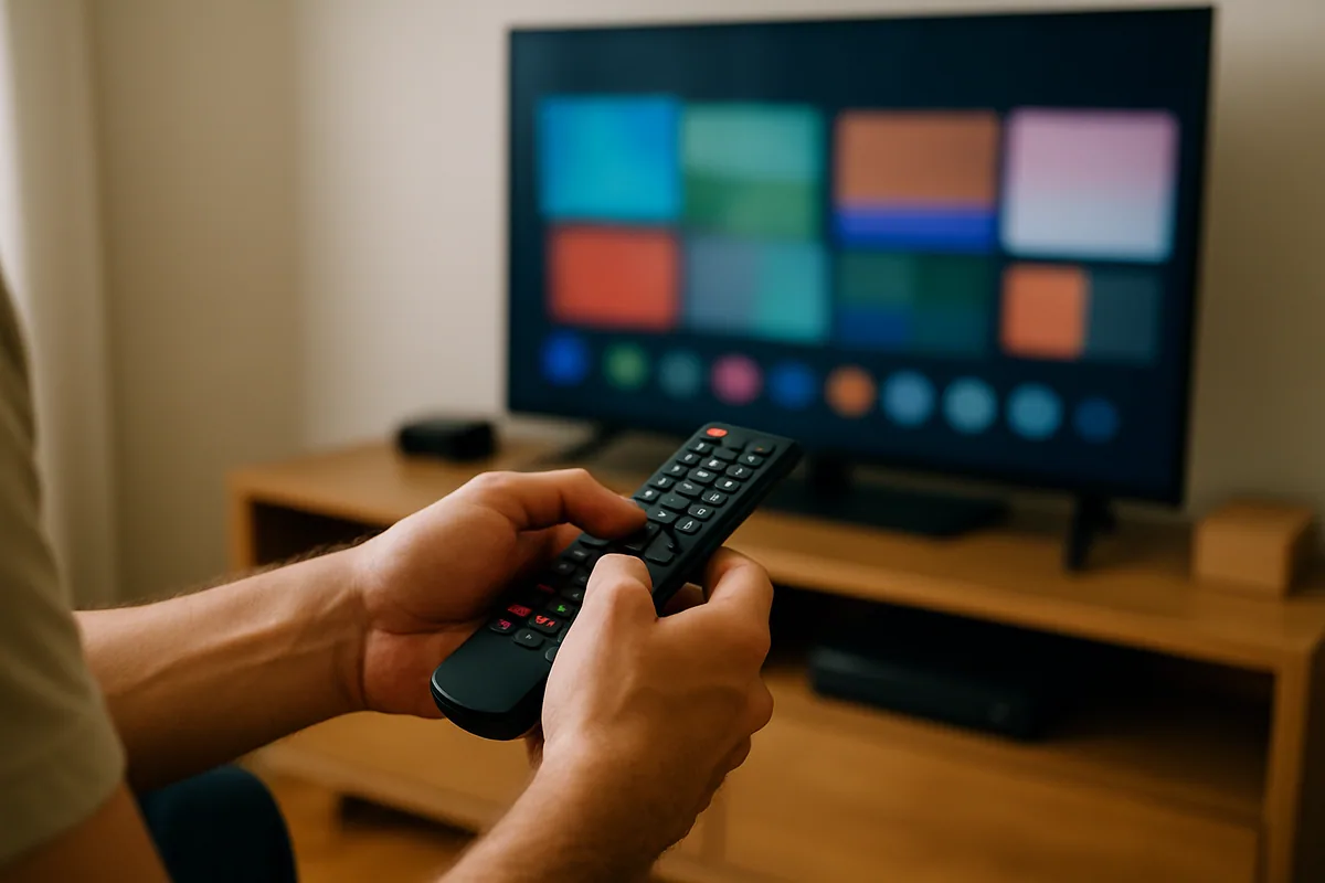 Mãos digitando num controle remoto apontado para a TV.