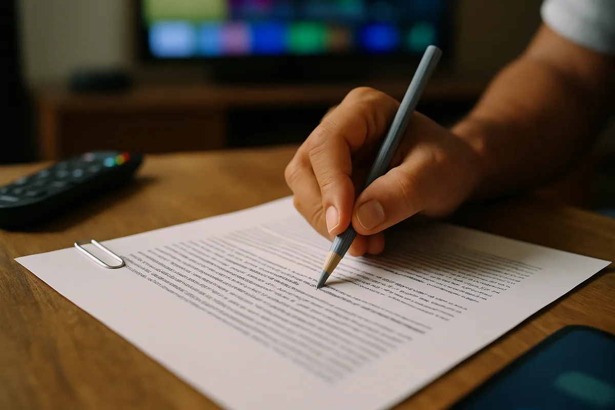 Close num contrato com uma cláusula sublinhada a lápis e um clipe de papel prendendo a página.