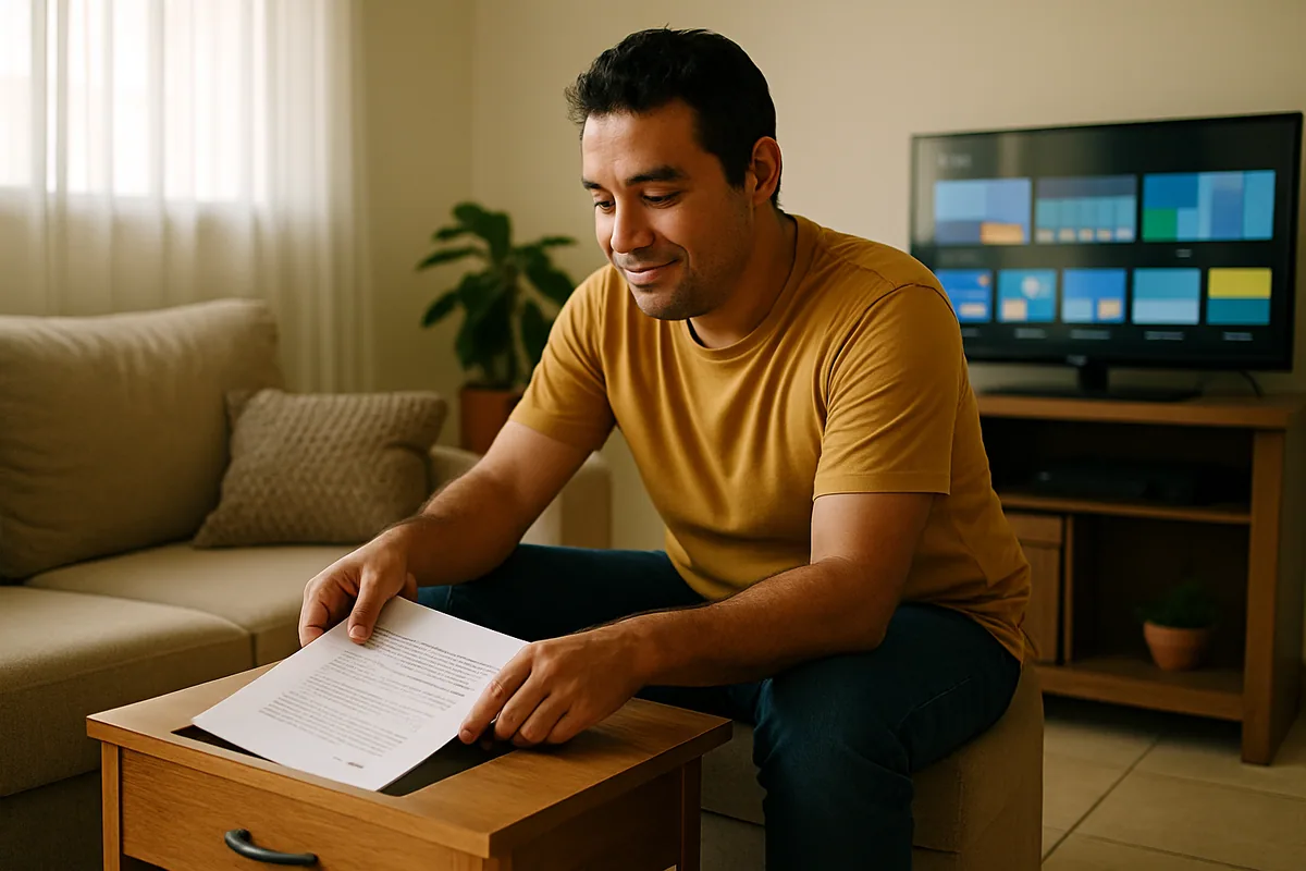 Pessoa sorrindo discretamente ao guardar um contrato numa gaveta, sala iluminada.