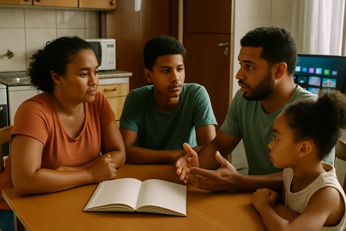 Cozinha com a família de quatro à mesa conversando, e um caderno aberto no meio — a conversa sobre orçamento.