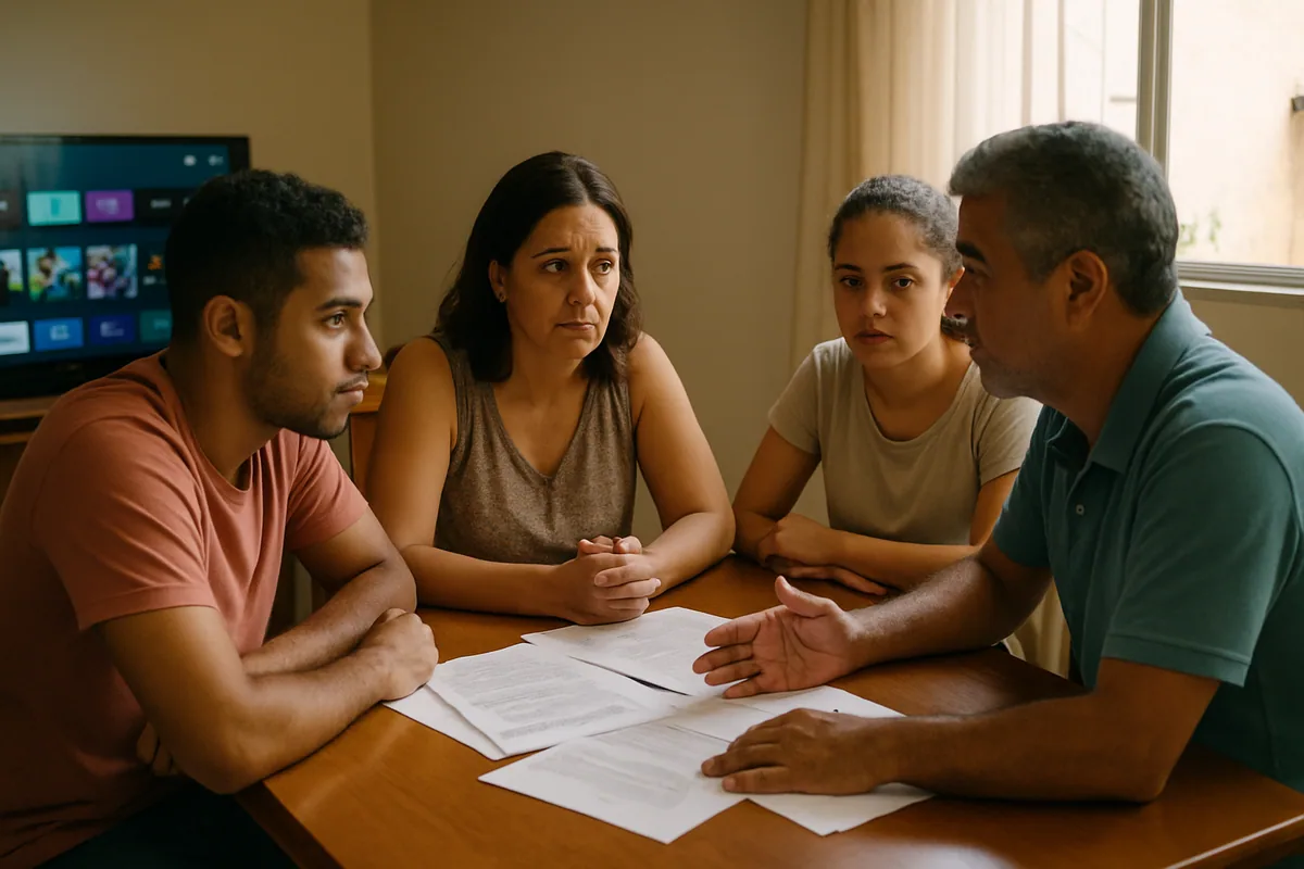 Sala de jantar com a família reunida à mesa e papéis no centro, conversa séria mas tranquila.