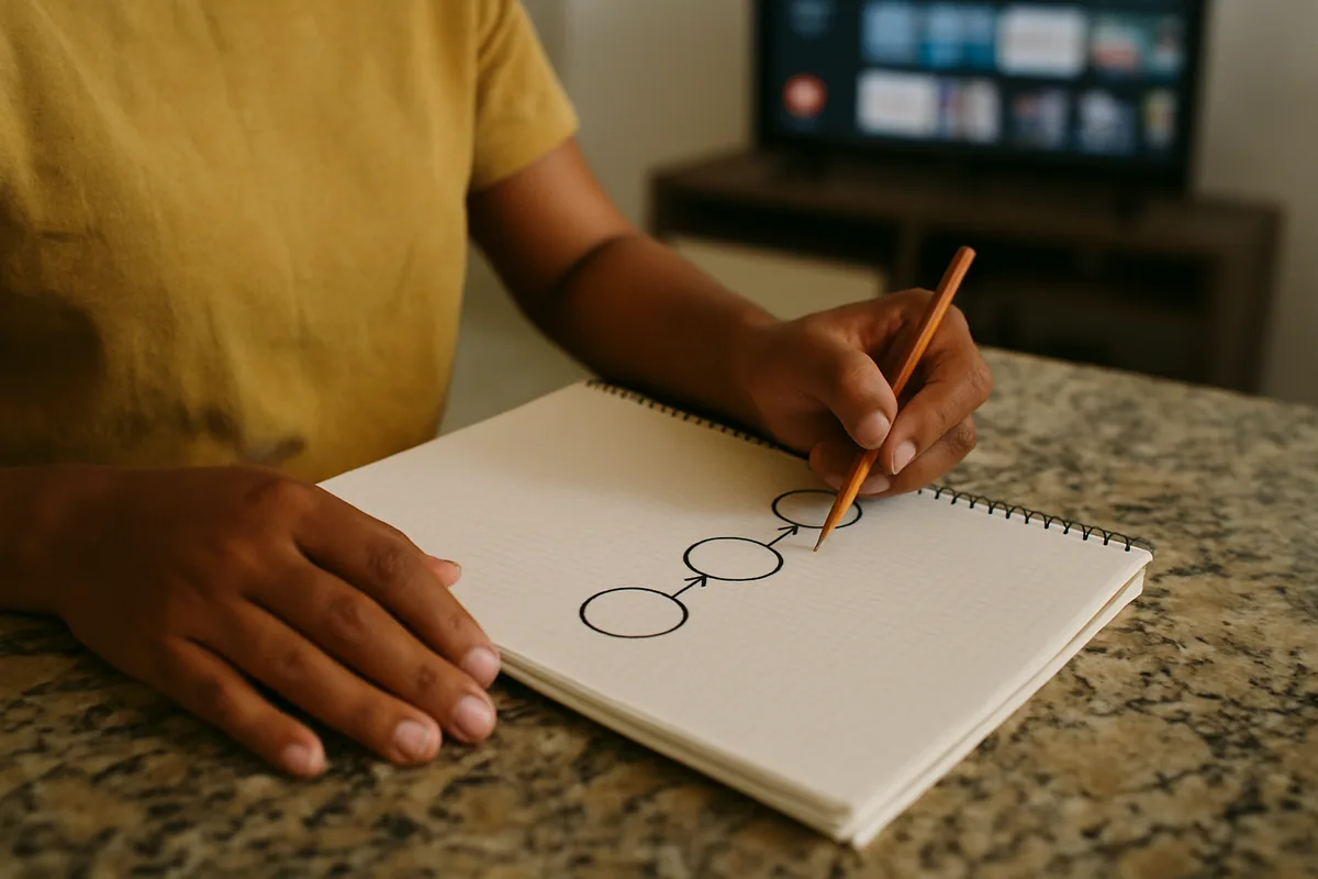 Close numa linha do tempo desenhada à mão num caderno, com quatro círculos ligados por uma seta.