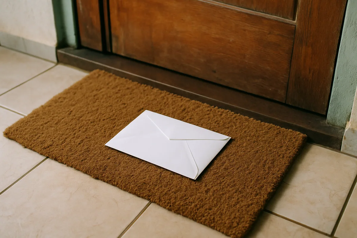 Envelope de correspondência fechado sobre o capacho da porta de entrada, visto de cima.