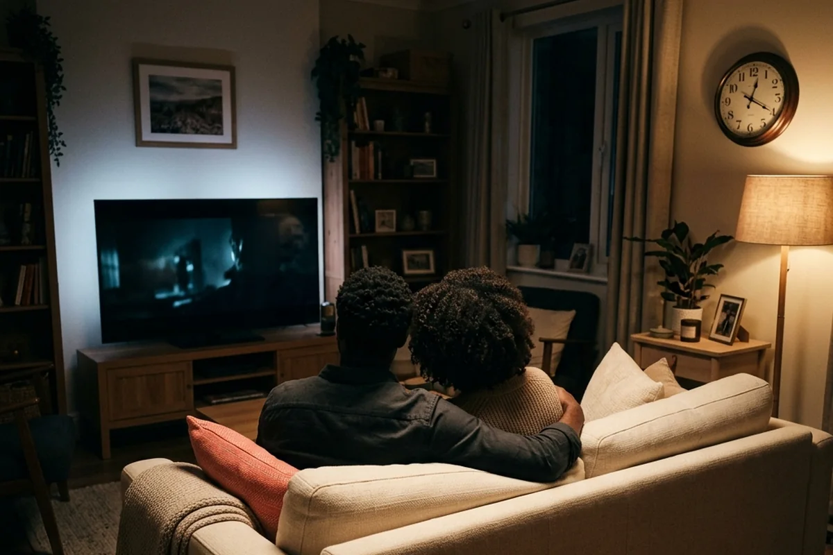 Casal no sofá assistindo à televisão em uma sala iluminada por abajur.