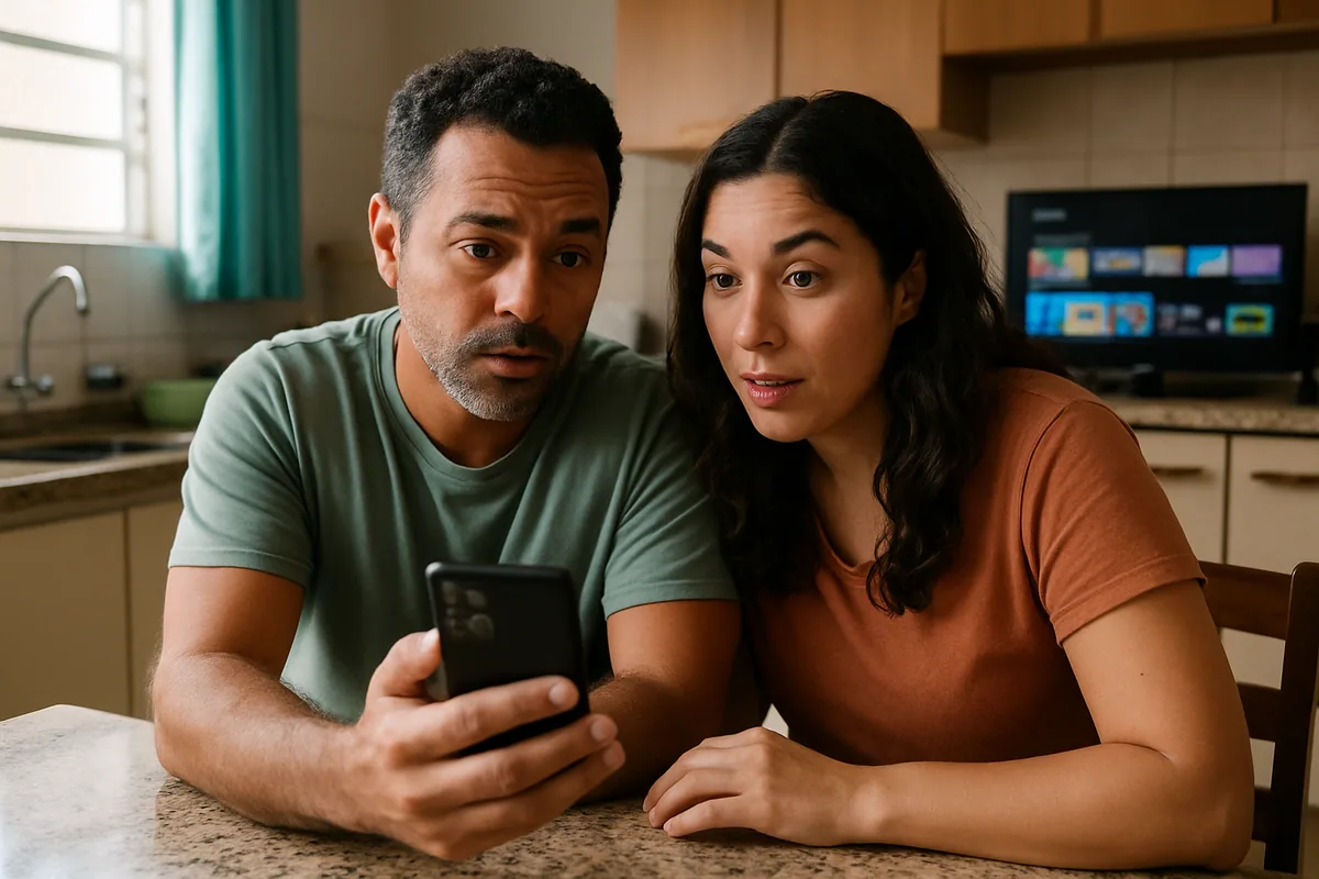 Casal na mesa da cozinha, um mostrando algo ao outro no celular, expressão de surpresa contida.