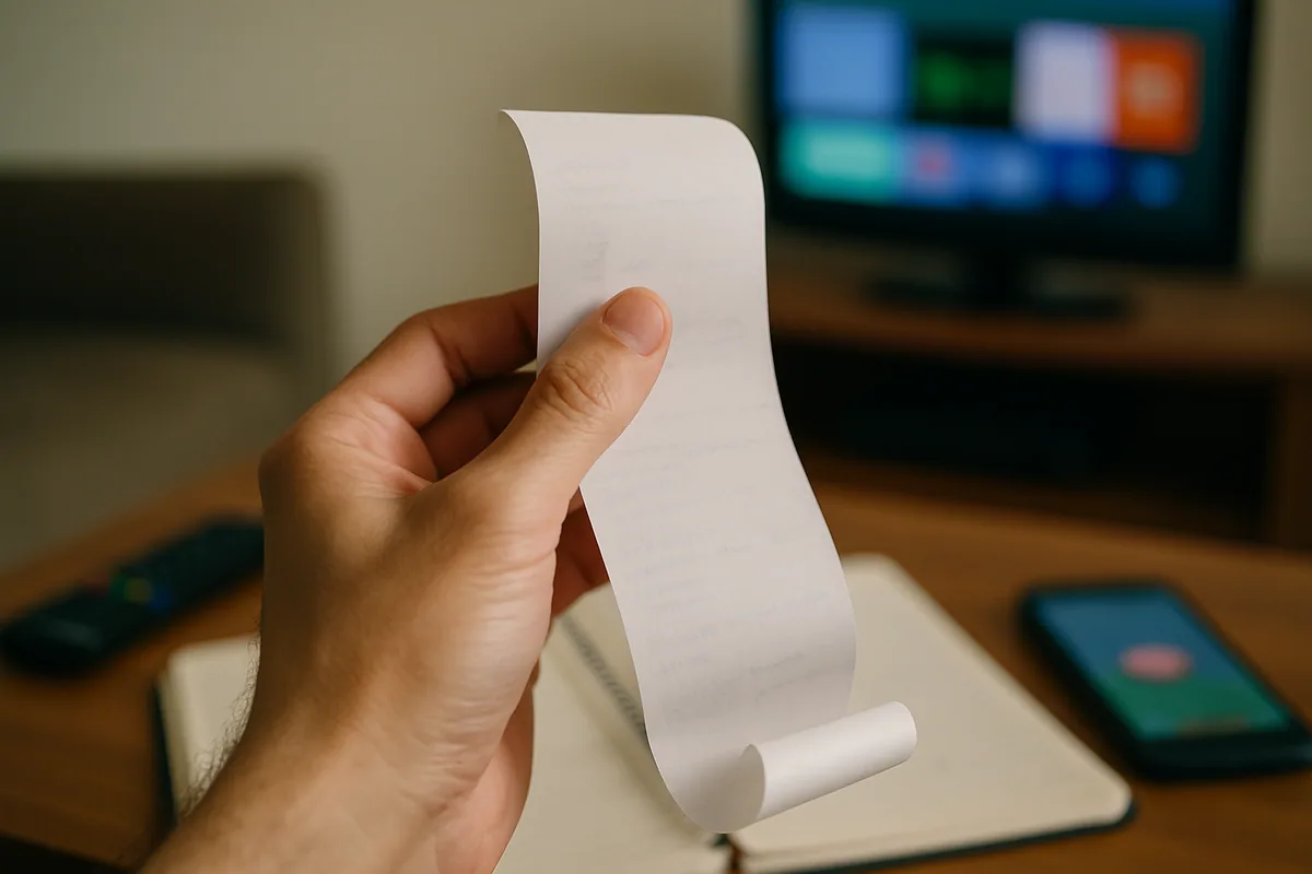 Mão segurando um comprovante de pagamento de papel térmico enrolado na ponta.
