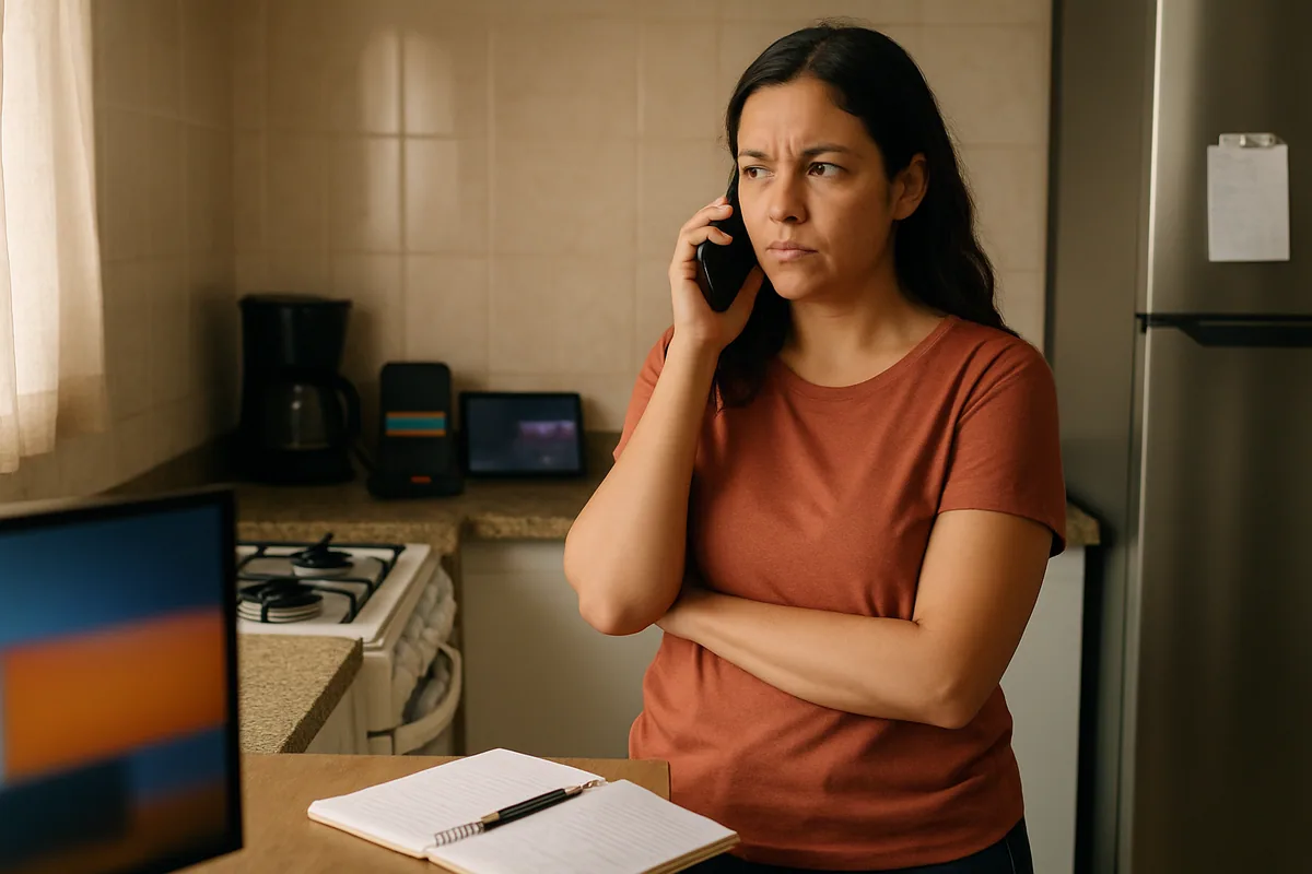 Pessoa ao telefone em pé na cozinha, com o outro braço cruzado, postura de quem está cobrando e não pedindo.